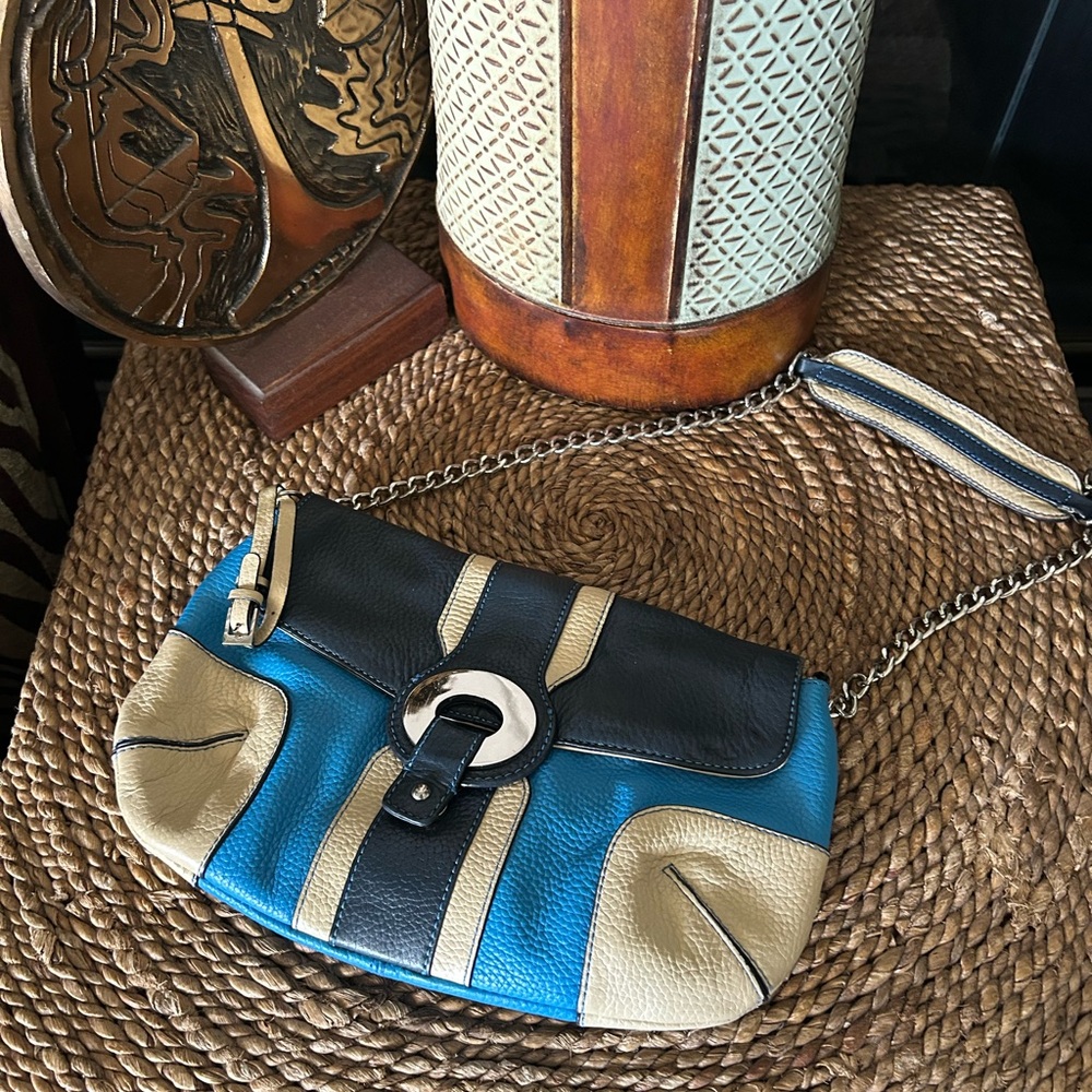 Max NY Leather Colorblock Crossbody Bag in Teal, Blue & Cream